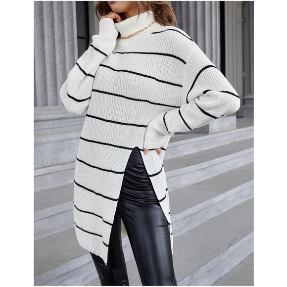 Cozy Stripes Turtleneck Slit Oversized Sweater Top - Picture 5 of 7